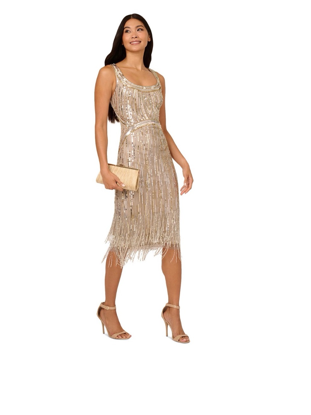 Adrianna Papell SZ 10 NWT Champagne Gold Beaded Fringe Midi Dress Cocktail GALA